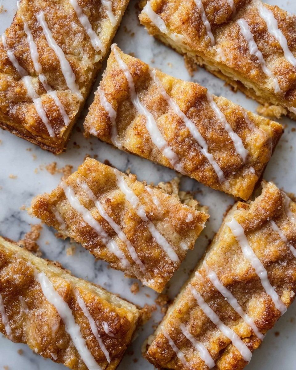 The image shows several rectangular pieces of baked dessert arranged closely together on a white marbled surface. Each piece has a golden-brown crust with a rough, crumbly texture on top, sprinkled with cinnamon sugar. There are thin, uneven drizzles of white icing spread across the top of each piece, adding contrast to the warm tones of the crust. The dessert pieces have visible layers, showing a flaky, slightly puffed base supporting the sweet topping. photo taken with an iphone --ar 4:5 --v 7