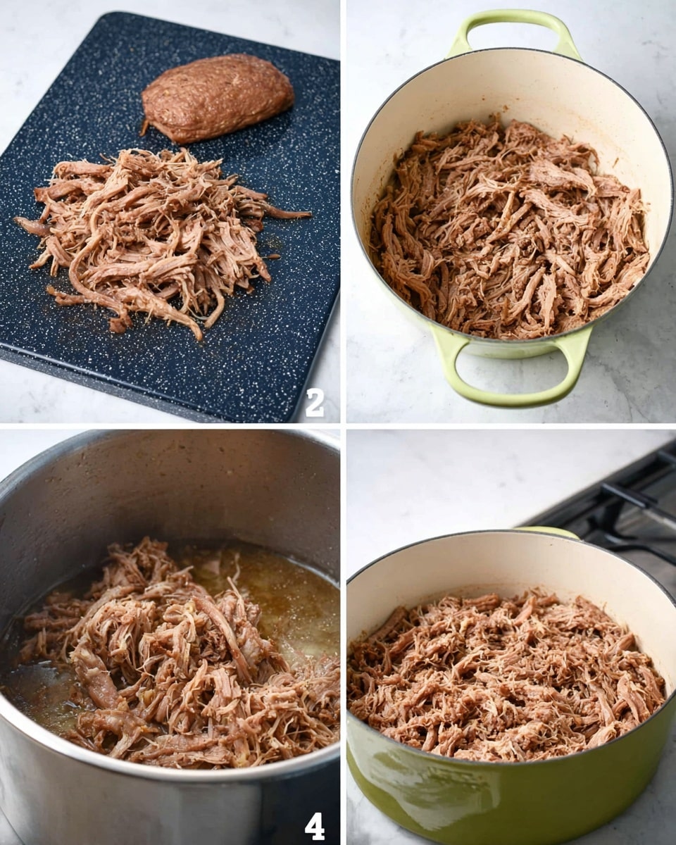The image is a four-part collage showing shredded cooked meat in different containers. In the top left, a piece of brown cooked meat is on the left side of a black speckled cutting board, with shredded strands spread out on the right. In the top right, a white pot with light green handles holds the shredded meat laid flat across the bottom with some juices around it. The bottom two images show a large metal cooking pot on a stove. In the bottom left, the shredded meat fills the pot and steam rises. In the bottom right, the meat is browned and slightly crispy on top, covering the entire pot bottom. All pictures have a white marbled surface background. Photo taken with an iphone --ar 4:5 --v 7