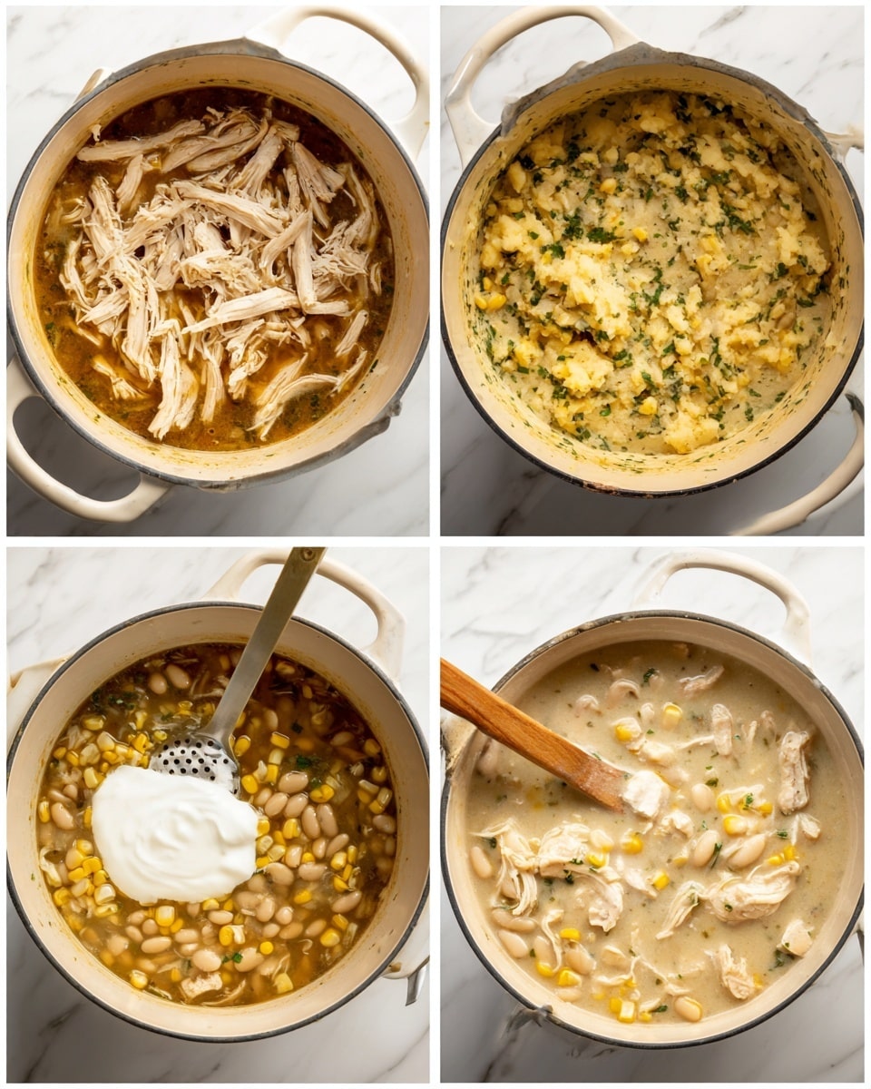 The image shows a light-colored pot filled with layers of food at different stages of cooking. The first layer consists of shredded light beige chicken strips mixed with white beans and yellow corn kernels floating in a clear brown broth with green herbs scattered throughout. The second layer shows the same mixture, now being mashed with a silver metal potato masher. The third layer shows the mixture in the pot with a dollop of thick white cream added on top and a wooden spoon resting on the edge of the pot. The final layer shows a creamy soup where all ingredients have mixed into a thick beige liquid with visible pieces of chicken, corn, beans, and herbs evenly distributed. The pot is placed on a white marbled surface. Photo taken with an iphone --ar 4:5 --v 7