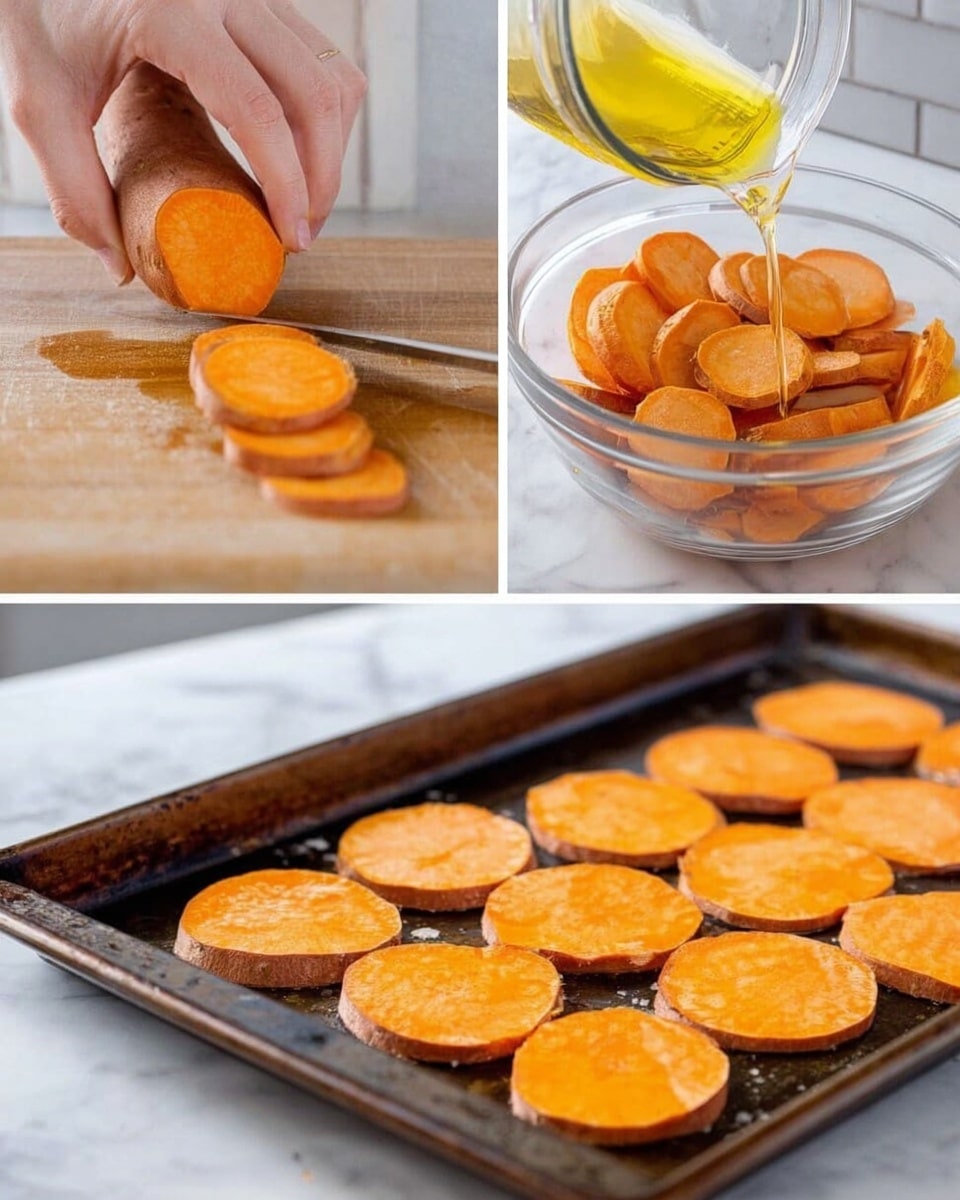The image shows three steps to prepare sliced sweet potatoes: first, a woman's hand is slicing an orange sweet potato into round pieces on a wooden board; second, golden oil is being poured from a glass container onto a pile of sweet potato slices inside a clear glass bowl against a kitchen background; third, the golden-orange round slices are spread out in a single layer on a dark metal baking tray ready to be cooked, all placed on a white marbled surface. photo taken with an iphone --ar 4:5 --v 7