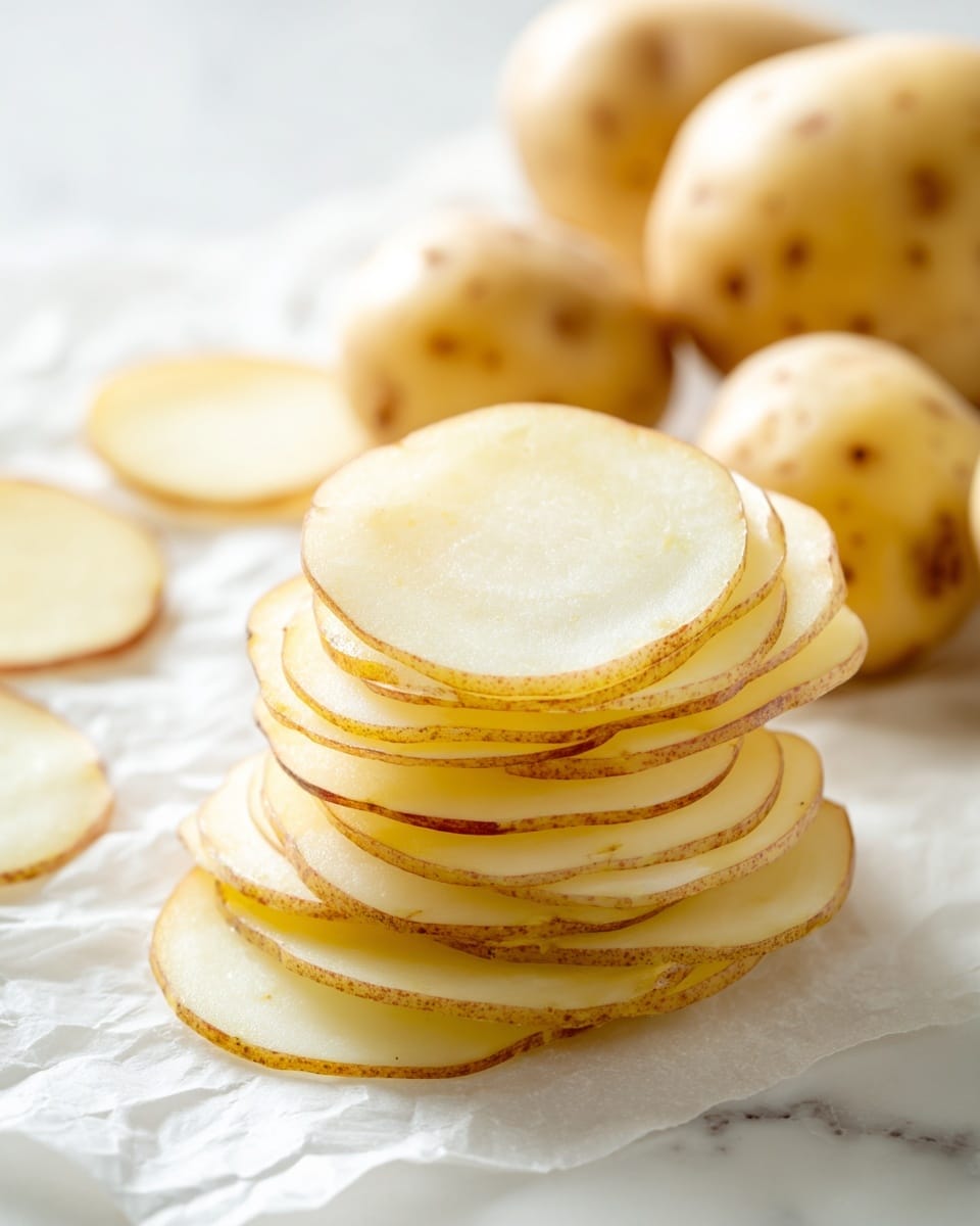 A white rectangular baking dish holds an uncooked layered dish with three visible layers. On the bottom is a smooth yellow sauce, topped fully with shredded white cheese, then partially covered with thin, overlapping round potato slices arranged vertically in neat rows across half of the dish. A woman's hand is placing a slice of potato on the dish. Nearby, a white bowl contains more potato slices and a white plate with extra shredded cheese rests on a white marbled surface. photo taken with an iphone --ar 4:5 --v 7