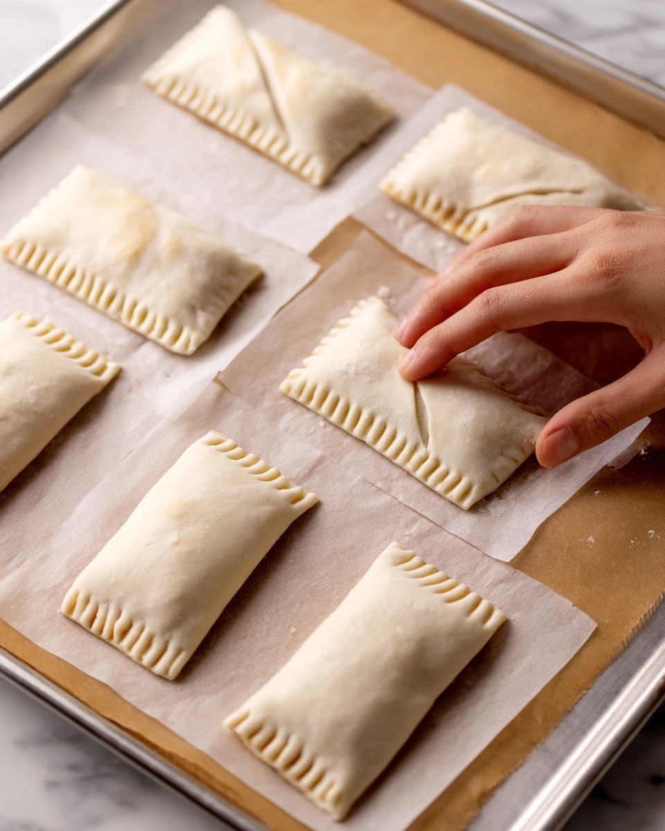 The image shows rectangular pastries with a smooth pale dough that is folded over a filling, sealed by pressing the edges with a fork creating a ridge pattern around each pastry. Each pastry has three shallow diagonal cuts on top. The pastries are aligned on a baking sheet lined with parchment paper, with a woman's hand gently pressing one pastry flat. The scene is set on a white marbled texture surface. Photo taken with an iphone --ar 4:5 --v 7