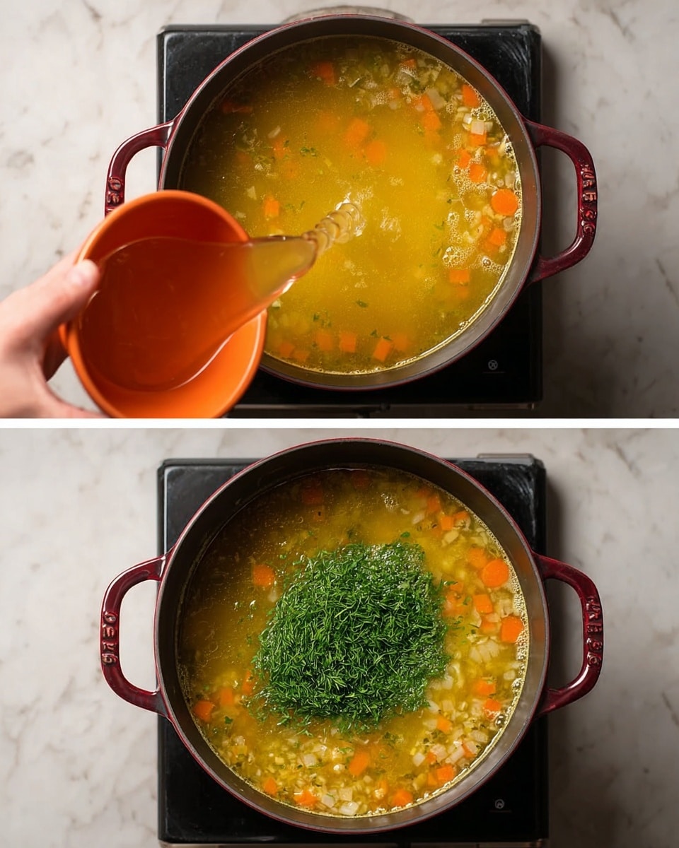 The image shows two views of a dark red pot filled with yellow-orange soup that has visible small carrot cubes and bits of other vegetables. In the top part, a woman's hand holds an orange bowl above the pot, pouring translucent liquid into the bubbling soup. In the bottom part, the same pot now has a mound of finely chopped bright green herbs piled in the center on top of the bubbling soup. The pot sits on a black stovetop with a white marbled background around it. photo taken with an iphone --ar 4:5 --v 7