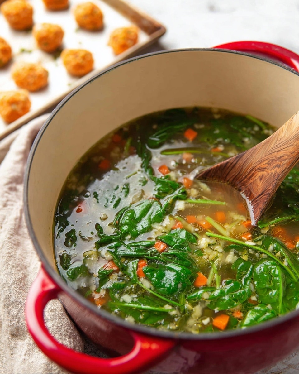 A close-up view of a large red pot filled with a clear vegetable soup showing three layers: the bottom layer is a light broth, the middle layer has small orange carrot pieces and white diced vegetables, and the top layer is fresh green spinach leaves floating on the surface. A wooden spoon with visible grain is partially dipped into the soup on the right side of the pot. In the background on a white marbled surface, there is a white baking tray with small round orange vegetable balls evenly spaced on it, and a light beige cloth is draped nearby. Photo taken with an iphone --ar 4:5 --v 7