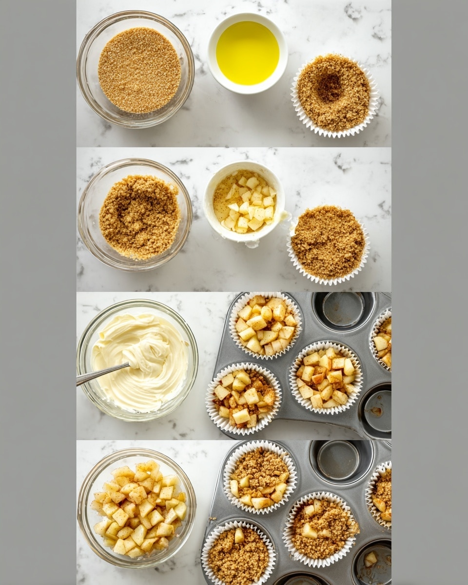 The image shows a step-by-step recipe process laid out in a vertical collage on a white marbled surface. The top row includes two clear glass bowls: one filled with a sandy graham cracker crumb mixture with sugar and cinnamon, and next to it a small white bowl with melted yellow butter and a spoon. The bowl with crumbs is mixed, then pressed evenly into six white paper cupcake liners arranged in a metal muffin tin. Below, a clear glass bowl holds white creamy mixture with sugar and vanilla, and that smooth batter is spooned into the muffin liners, atop the crumb base. Next, two metal bowls contain diced apples mixed with dry ingredients and then coated in spices, stirred with a fork. The apple mixture is added in equal portions to fill each cupcake liner, covering the smooth batter. In the next step, a clear glass bowl contains a crumb topping mix with oats, flour, cinnamon, brown sugar, and melted butter, which is then mixed with a fork until crumbly. This topping is sprinkled thickly over the apple-filled cupcake liners in the tin. The whole setup shows layers of crumb base, creamy batter, spiced apples, and crumb topping inside white paper liners in the metal pan, ready for baking. The photo taken with an iphone --ar 4:5 --v 7