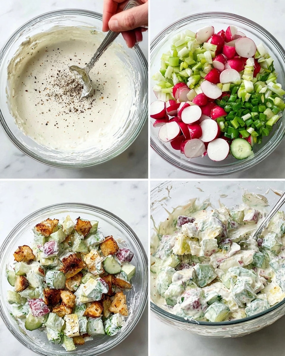 A collage of four images shows the process of making a creamy salad in a clear glass bowl on a white marbled surface. The first image has a creamy white mixture with specks of black pepper being stirred by a woman's hand holding a spoon. The second image displays chopped vegetables arranged in sections on top of the creamy base: bright red and white radishes in one part, dark green chopped scallions next to them, small green pickles pieces, and light green cucumber chunks, all vibrant and fresh. The third image shows the ingredients mixed together into a thick salad with creamy white dressing evenly coating the pieces, small red, green, and white chunks visible. The fourth image adds pieces of golden brown cooked food, possibly grilled or roasted, mixed into the creamy salad, giving a rich contrast of color and texture. Photo taken with an iphone --ar 4:5 --v 7