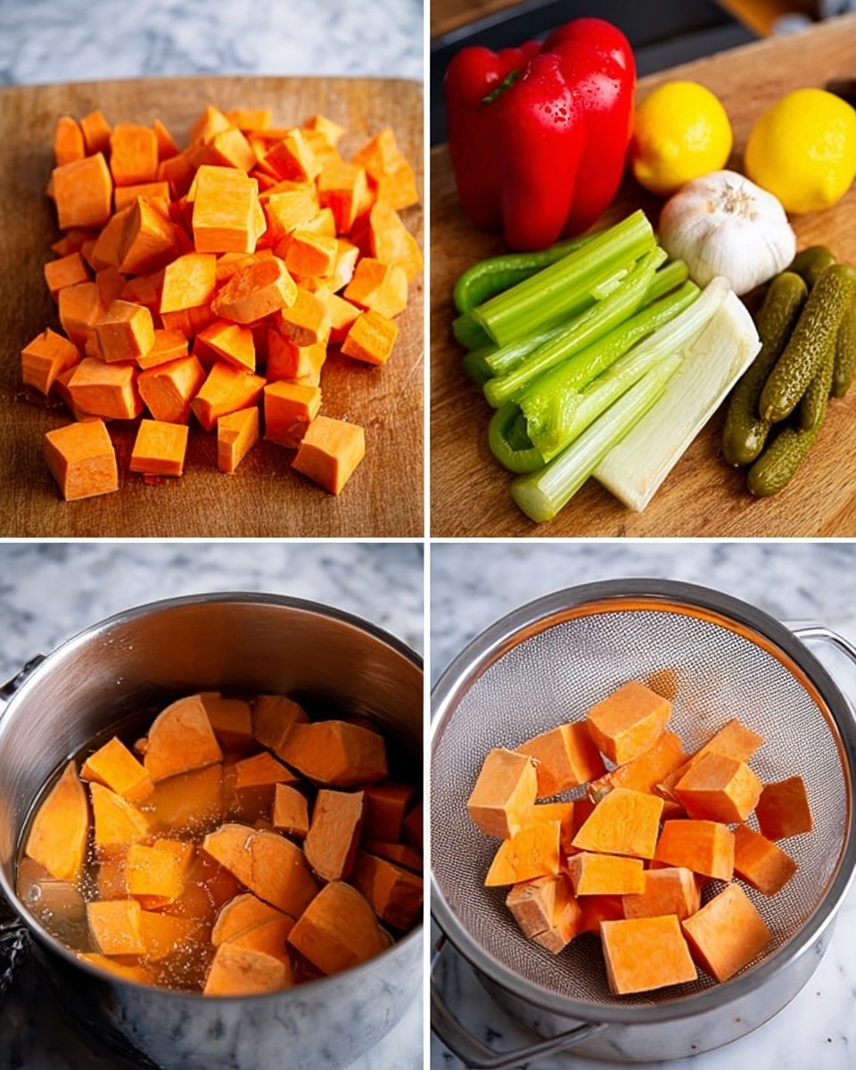 The image is divided into four parts showing the process of preparing sweet potatoes and fresh vegetables. The top left section shows cubes of orange sweet potatoes spread on a wooden surface. The top right section shows whole vegetables on a wooden surface, including a red bell pepper, two pieces of green celery, a halved yellow lemon, a white garlic bulb, and green pickles. The bottom left section shows the sweet potato cubes boiling in a silver pot filled with water and the bottom right section shows the drained sweet potato pieces in a silver strainer. All images have a white marbled background photo taken with an iphone --ar 4:5 --v 7