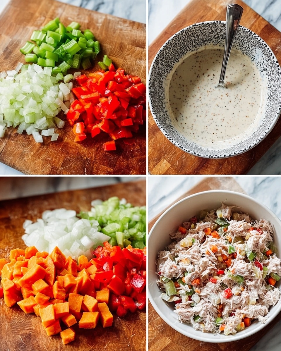 The four images show the step-by-step process of making a tuna salad. The first image has five small piles of chopped vegetables on a wooden board: light green celery, bright red bell pepper, white onion, and light green pickles. The second image shows a white patterned bowl with creamy, speckled dressing and a spoon inside it, placed on the same wooden board. The third image has a white bowl filled with diced orange sweet potato, shredded tuna in chunks, chopped vegetables from the first image, and creamy dressing on top. The fourth image reveals the mixed salad inside the white bowl, showing all the ingredients evenly combined, creating a colorful mix of orange, red, green, white, and light pink. The background for all images is white marbled texture. Photo taken with an iphone --ar 4:5 --v 7