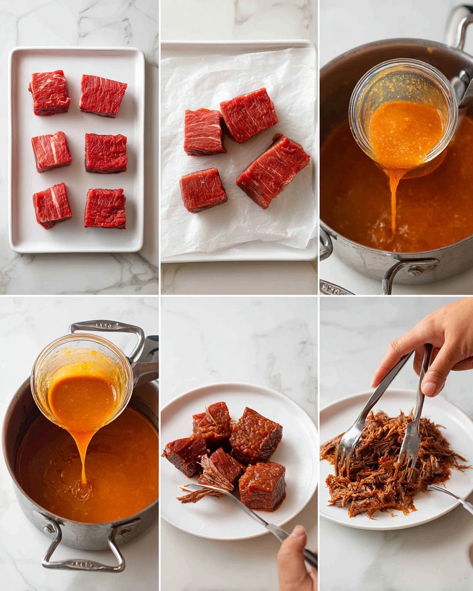 The image shows six small photos arranged in a grid, each showing a step of cooking beef. In the first photo, seven pieces of raw red beef are spread on a white tray. The second photo shows two beef pieces being browned inside a metal pot, held by metal tongs. The third photo has the beef pieces browned and placed on a white tray with some white paper underneath. The fourth photo shows the browned beef inside the pot with a thick orange sauce being poured over it from a glass container. In the fifth photo, the beef is now covered in sauce and sitting in the pot with a reddish-brown liquid. The sixth photo shows shredded beef on a white tray with a woman's hand using two forks to pull the meat apart. The background in all photos is a white marbled surface. photo taken with an iphone --ar 4:5 --v 7