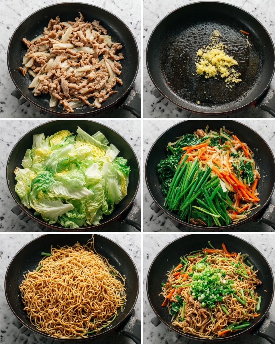 The image shows six steps of cooking in a black pan placed on a white marbled surface. The first step shows light beige strips of cooked meat spread out across the pan. The second step shows finely chopped light yellow garlic cooking in a small patch on the empty pan. The third step shows a mix of fresh vegetables including green leafy cabbage, orange carrot sticks, and dark green leafy vegetables loosely layered in the pan. The fourth step shows a layer of golden-brown stir-fried noodles placed on top of the vegetables, covering most of them. The fifth step adds a fresh bunch of long, bright green chopped spring onions arranged in clusters on the noodles. The sixth step displays the final mixture, where the noodles, vegetables, meat, and green onions are evenly mixed and coated with sauce. photo taken with an iphone --ar 4:5 --v 7