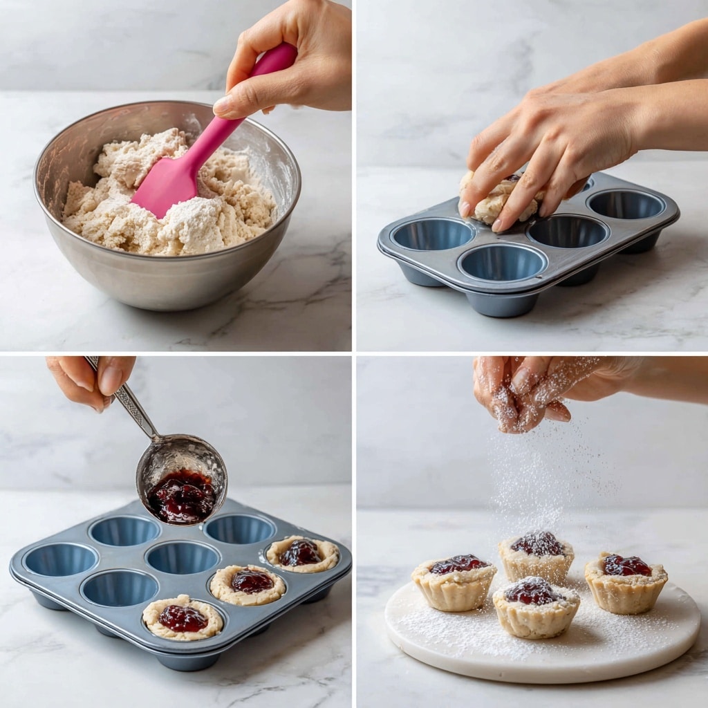 The first image shows a woman's hand stirring pale beige dough with a pink spatula in a metal bowl, placed on a white marbled surface. The second image features a woman's hand pressing the dough with a black pestle inside blue silicone mini muffin molds, shaping small round cups. The third image depicts a woman's hand adding dark red jam with a metal measuring spoon into each dough cup in the blue silicone mold. The final image displays mini tartlets filled with jam, placed on a white cake stand with a white marbled background, while a woman's hand sprinkles powdered sugar from a metal measuring spoon over them, creating a delicate dusting effect. photo taken with an iphone --ar 4:5 --v 7