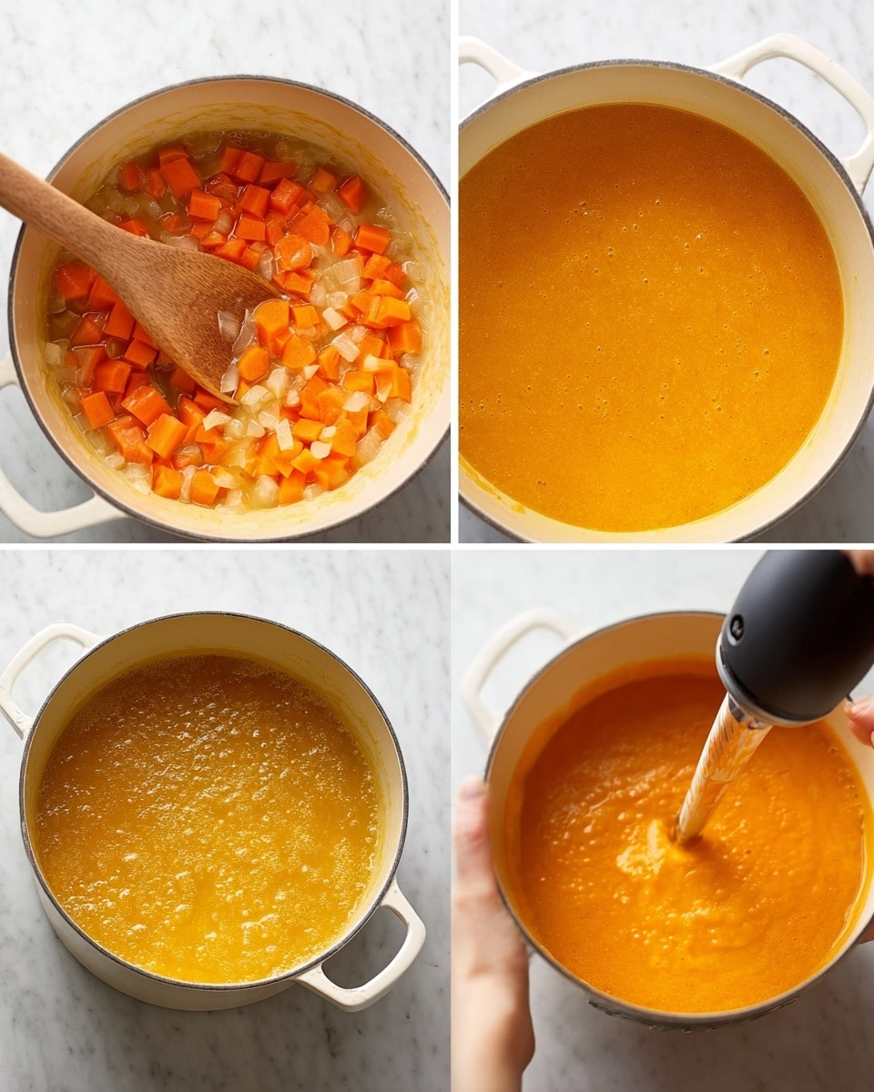 There is a white pot placed on a white marbled surface. In the first image, it contains a chunky soup with orange carrot pieces and translucent onion pieces in a light yellow broth. A wooden spoon is resting inside, stirring the mixture. In the second image, the soup inside the same pot is blended smooth and thick, showing a bright orange color. A woman's hand is holding a black immersion blender blending the soup inside the pot. Photo taken with an iphone --ar 4:5 --v 7