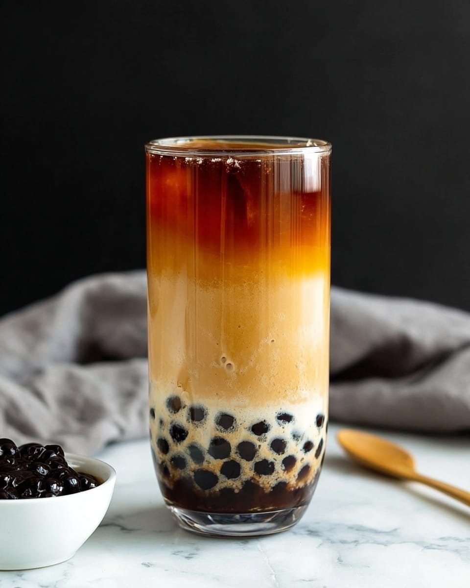 A clear glass full of three layers of bubble tea stands on a white marbled surface. At the bottom, there is a layer of dark brown tapioca pearls surrounded by a creamy white layer with a frothy texture that blends into a light caramel brown middle layer. The top layer is a dark amber liquid, sharply contrasting with the lighter layers below. The glass is tall and cylindrical. To the left, there is a small white bowl with more dark tapioca pearls, and a gray cloth is softly draped in the background. The photo taken with an iphone --ar 4:5 --v 7