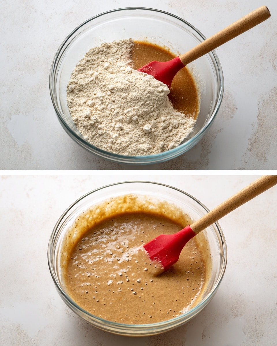 The first image shows a clear glass bowl on a white marbled surface filled with a partially mixed batter, with a thick layer of pale beige dry flour mixture sitting on top of a darker, wetter brown batter layer underneath. The dry flour layer looks loose and powdery, contrasting with the thick wet batter below. In the second image, the dry flour and wet batter are fully mixed into a smooth, even, light brown batter with tiny bubbles on the surface. A red spatula with a wooden handle is resting inside the bowl, covered in the batter. Both images have soft natural lighting and a clean, simple kitchen look. Photo taken with an iphone --ar 4:5 --v 7