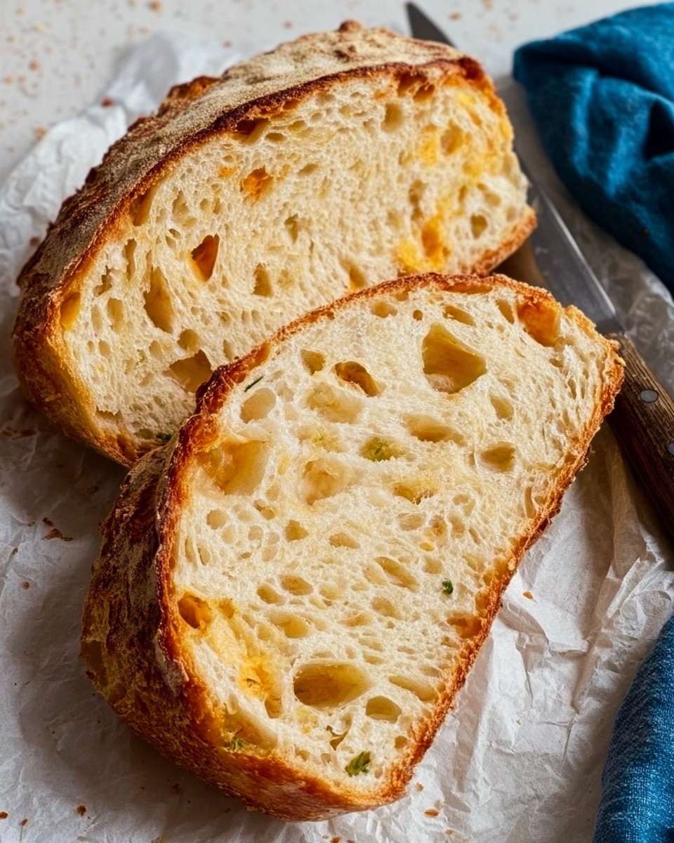 The image shows two thick slices of rustic bread with a golden brown crust and a soft, airy inside full of bubbles and holes. The slices lie on crinkled white paper with a knife with a dark handle nearby. On the right side, a blue cloth is partly visible. The surface beneath is a white marbled texture. The bread looks fresh and textured, with the crust having a nice crunchy look and the inside being light and porous. Photo taken with an iphone --ar 4:5 --v 7