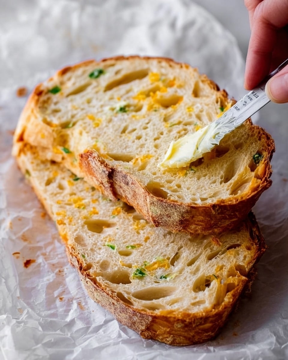 A close-up image shows two thick slices of crusty bread with a golden-brown edge and a soft, airy inside dotted with yellow and green bits. A woman's hand holds a small butter knife spreading creamy white butter over the top slice, which rests on crinkled white parchment paper on a white marbled surface. The bread texture looks rustic with rough holes and a slightly shiny surface where the butter is spread. Photo taken with an iphone --ar 4:5 --v 7