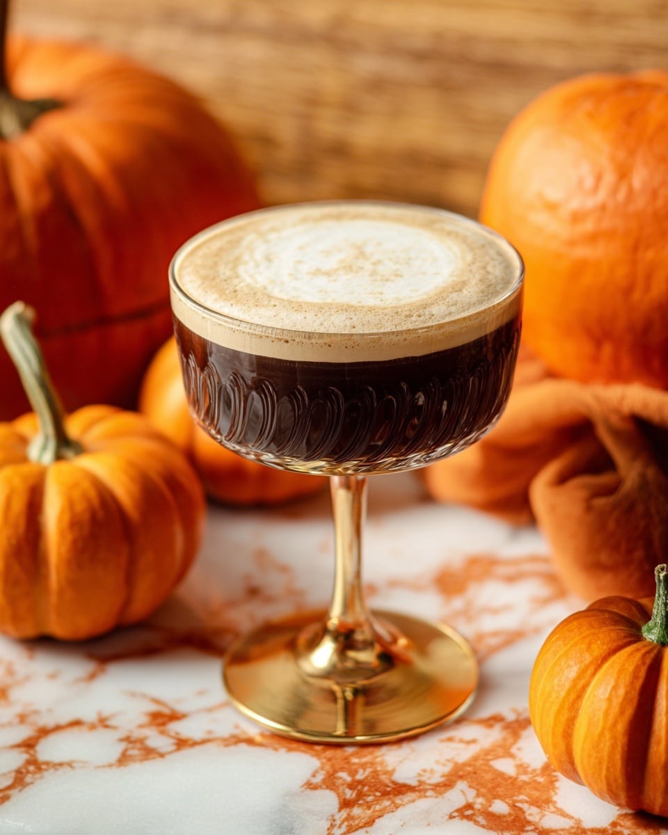 A glass with a gold stem filled with a dark brown drink, topped with a thick layer of light beige foam that covers the surface evenly. The glass has a textured swirl pattern around the bowl. The drink is set on a white marbled surface with orange and rust-colored veins. Around the glass, there are several small and large orange pumpkins, their green stems visible, set against a wooden background. Photo taken with an iphone --ar 4:5 --v 7