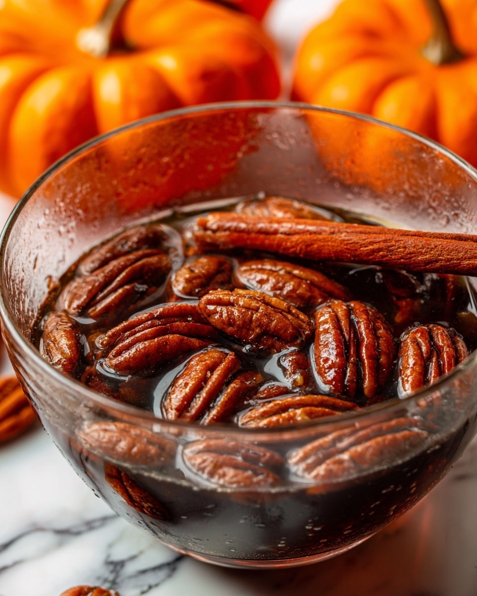 A clear glass bowl filled with a dark brown liquid that covers a layer of glossy pecans and two cinnamon sticks resting on top. The pecans are medium brown with smooth, wrinkled skin and the cinnamon sticks have a rough texture with a deep reddish-brown color. In the background, there are two small orange pumpkins slightly out of focus on a white marbled surface. The image is close up, showing reflections and droplets on the inside of the glass bowl. photo taken with an iphone --ar 4:5 --v 7