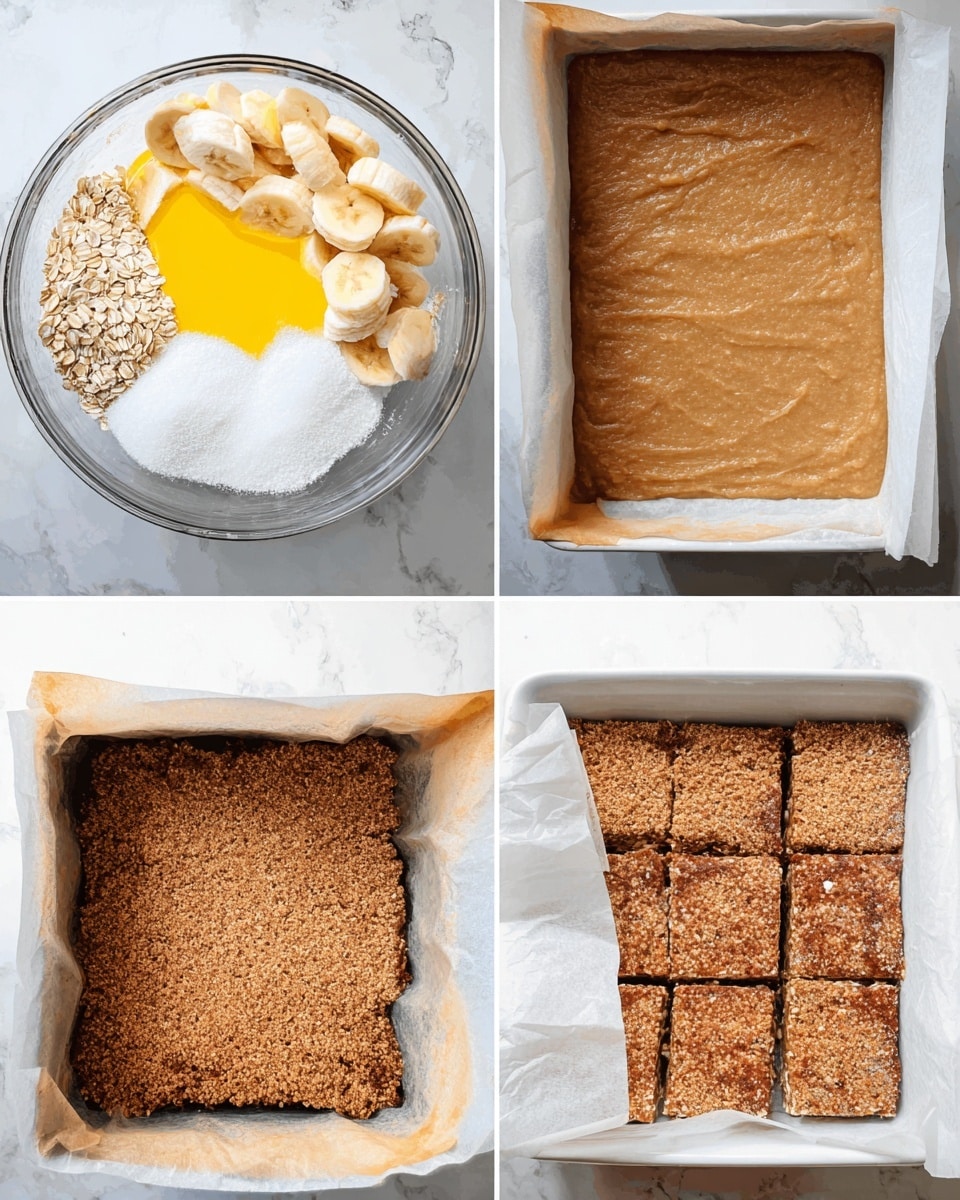 The image shows a four-step process of making oat bars. The first layer is a clear glass bowl with layers of chopped light beige banana pieces, a bright yellow egg yolk, white yogurt, white sugar, brown sugar, and a heap of pale rolled oats on top, all loosely layered inside the bowl. The second section shows a rectangular white pan lined with parchment paper, filled with a smooth, light brown, slightly grainy batter spread evenly across the pan surface. The third section shows the same white pan inside an oven, where the batter looks slightly firmer and more matte, with parchment paper edges folded over the sides. The last part displays the baked oat bars after being cut into six square pieces, showing a rough, dense, golden brown surface with some darker spots and crumb texture, still inside the parchment paper-lined white pan; one bar is slightly pulled out showing its edges. The whole scene is on a white marbled surface. Photo taken with an iphone --ar 4:5 --v 7