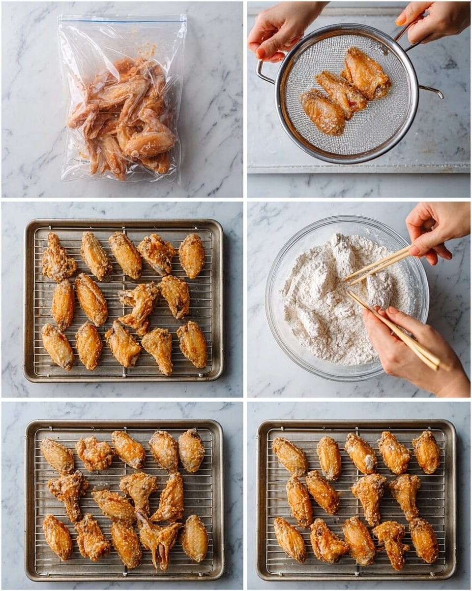 A black plate is filled with about eighteen golden brown fried chicken wings arranged in layers, garnished with small pieces of green onion scattered on top. Five chicken wings have slightly darker, more crispy edges. Around the plate, there are small wooden bowls holding coarse salt, ground black pepper, and two small black bowls, one with creamy light beige sauce and the other with bright red chili sauce. A white jar with a blue floral design is partly visible at the top, and a blue cloth is placed near the bottom left corner on a white marbled surface. photo taken with an iphone --ar 4:5 --v 7