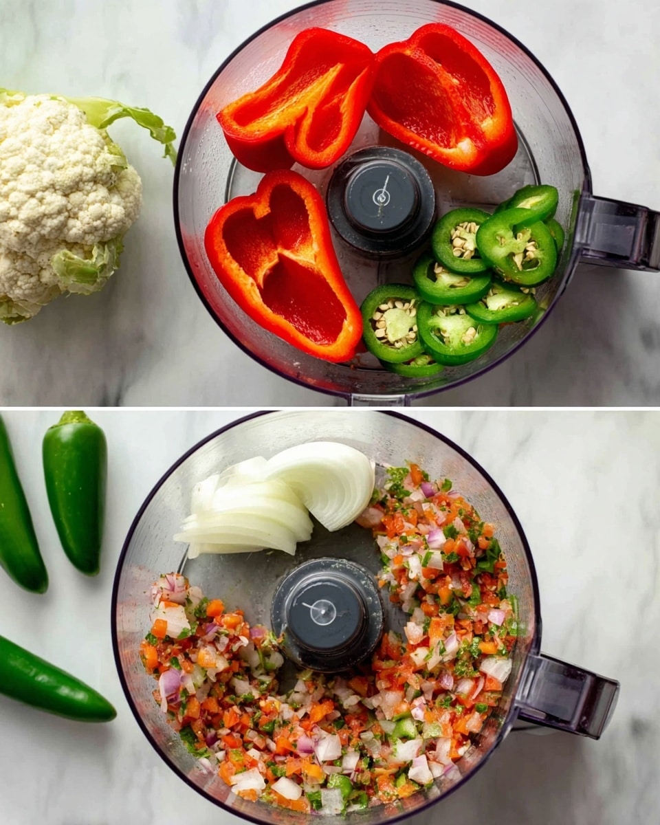 The image shows two stages of cooking a dish inside a gray textured pot placed on a white marbled surface. The left side shows the first stage with a mix of finely chopped white cauliflower rice, small pieces of red and green bell peppers, and larger yellow corn kernels placed on top, with some water visible at the bottom. The right side shows the next stage where all the ingredients are cooked together, creating a thick, creamy mixture with the cauliflower rice, red and green pepper bits, and corn evenly combined and softened. photo taken with an iphone --ar 4:5 --v 7