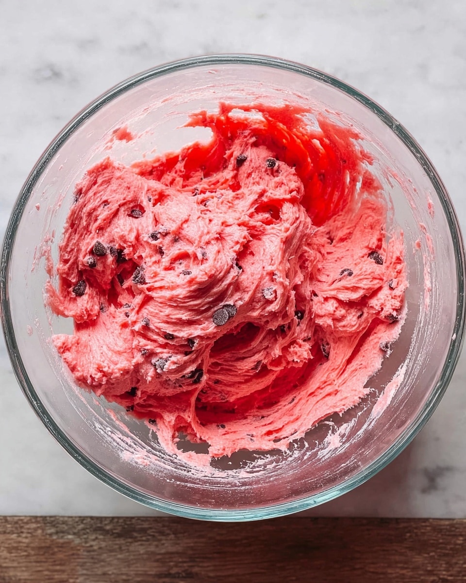 A clear glass mixing bowl filled with bright pink dough that has small dark chocolate chips and red bits mixed throughout. The dough shows soft and slightly fluffy texture, with swirls and folds from mixing, and it sticks slightly to the sides of the bowl. The bowl sits on a white marbled surface, adding contrast to the vibrant pink color of the dough. Photo taken with an iphone --ar 4:5 --v 7