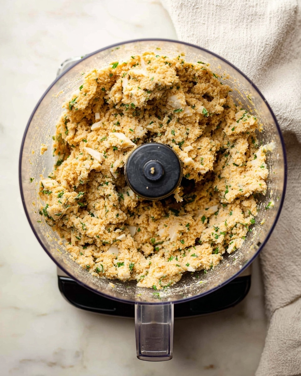 A clear food processor bowl filled with a coarse, mixed dough that has a light beige color with bits of green herbs and small white chunks evenly spread throughout. The dough texture looks thick and crumbly, and the bowl is placed on a black and silver base, set on a white marbled surface with a light-colored cloth partially visible behind it. Photo taken with an iphone --ar 4:5 --v 7
