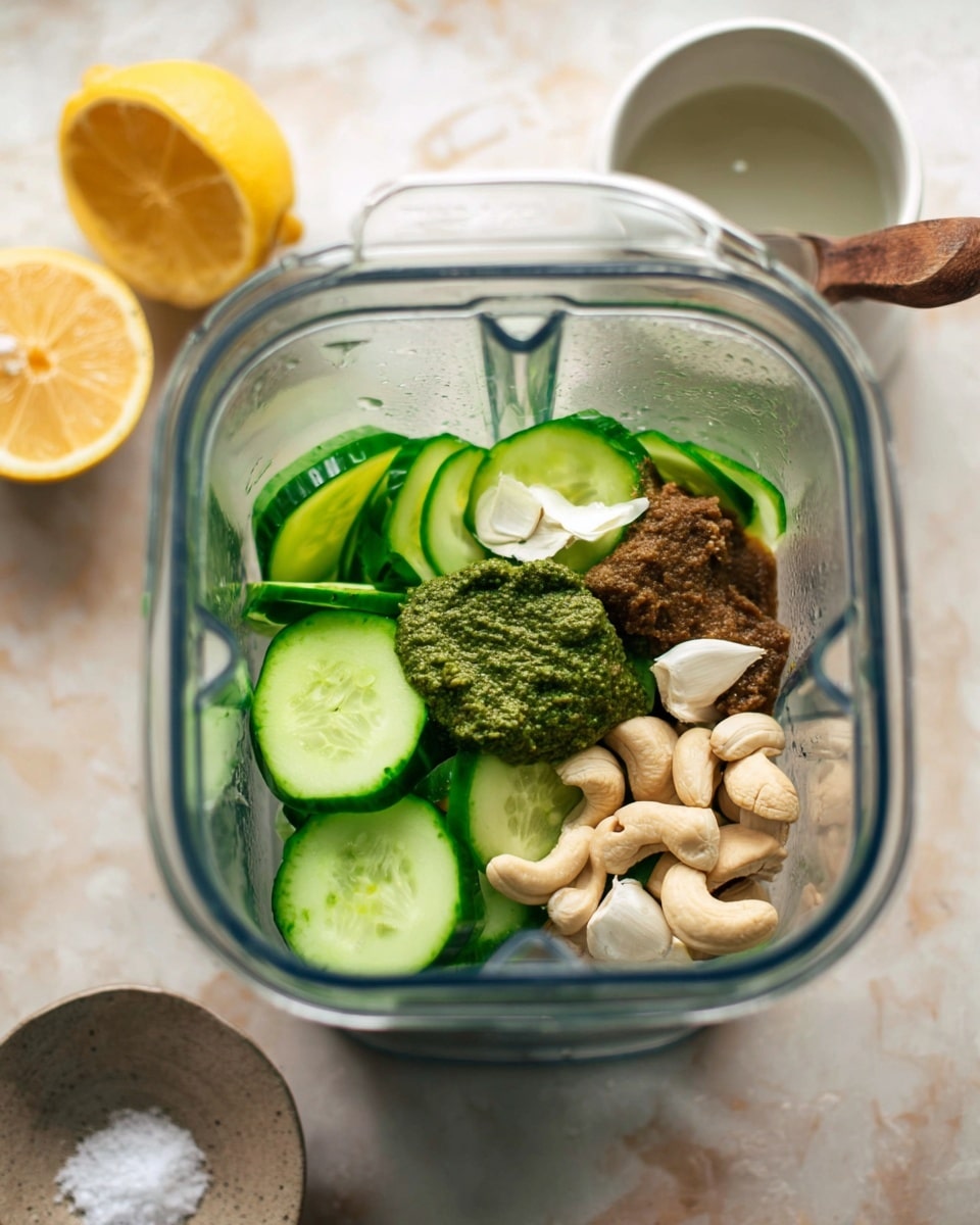 Inside a clear blender jar, layers of fresh cucumber slices in a bright green color sit alongside whole raw cashew nuts with a creamy beige tone. On top, there is a small dollop of dark green pesto sauce with a slightly chunky texture, next to a thicker brown paste and a few small pieces of white garlic cloves. Around the jar, a sliced bright yellow lemon, a small white bowl of liquid, and a wooden spoon with white salt rest on a white marbled surface. Photo taken with an iphone --ar 4:5 --v 7