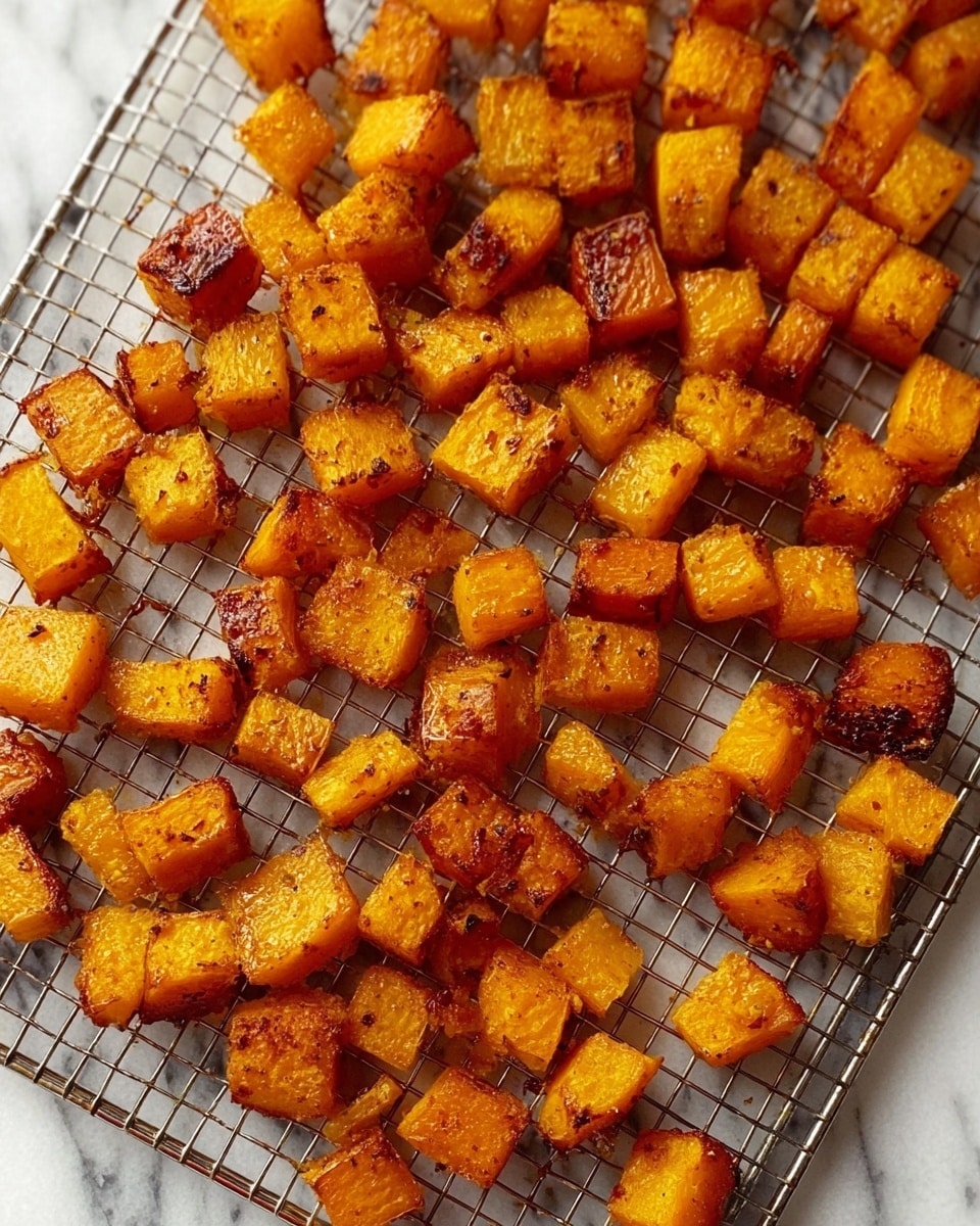 The image shows many small cubes of roasted orange squash scattered evenly on a silver wire rack. Each cube is golden brown with some crispy edges and a slightly shiny surface, showing they are cooked well and caramelized. The wire rack is placed on a white marbled surface that adds a clean, bright background. There are no other items in the image, just the roasted squash pieces spread in a random but balanced way, filling most of the frame. Photo taken with an iphone --ar 4:5 --v 7