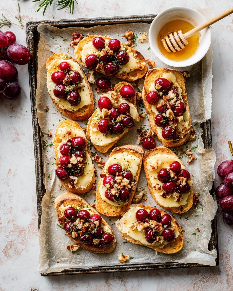 The image shows a dark metal tray lined with crinkled parchment paper holding eleven slices of toasted light brown bread. Each slice has a smooth, creamy pale yellow cheese layer topped with a cluster of shiny, red cherries and sprinkled with small pieces of light brown nuts and finely chopped green herbs. Some cherries and nut bits are scattered on the parchment paper around the bread slices. A small white bowl filled with golden honey and a wooden honey dipper rests on the tray’s upper right side. The tray sits on a white marbled surface with a few grapes and a sprig of rosemary next to it. Photo taken with an iphone --ar 4:5 --v 7