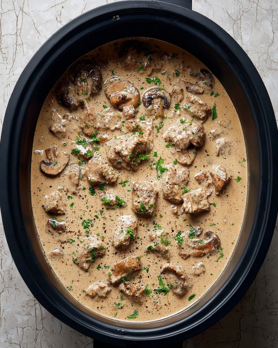 A black cooking pan filled with a creamy light brown sauce that covers several small pieces of cooked meat and sliced mushrooms. The sauce is smooth with black pepper sprinkled on top and small green parsley leaves scattered evenly across the surface. The pan is placed on a white marbled texture background. Photo taken with an iphone --ar 4:5 --v 7
