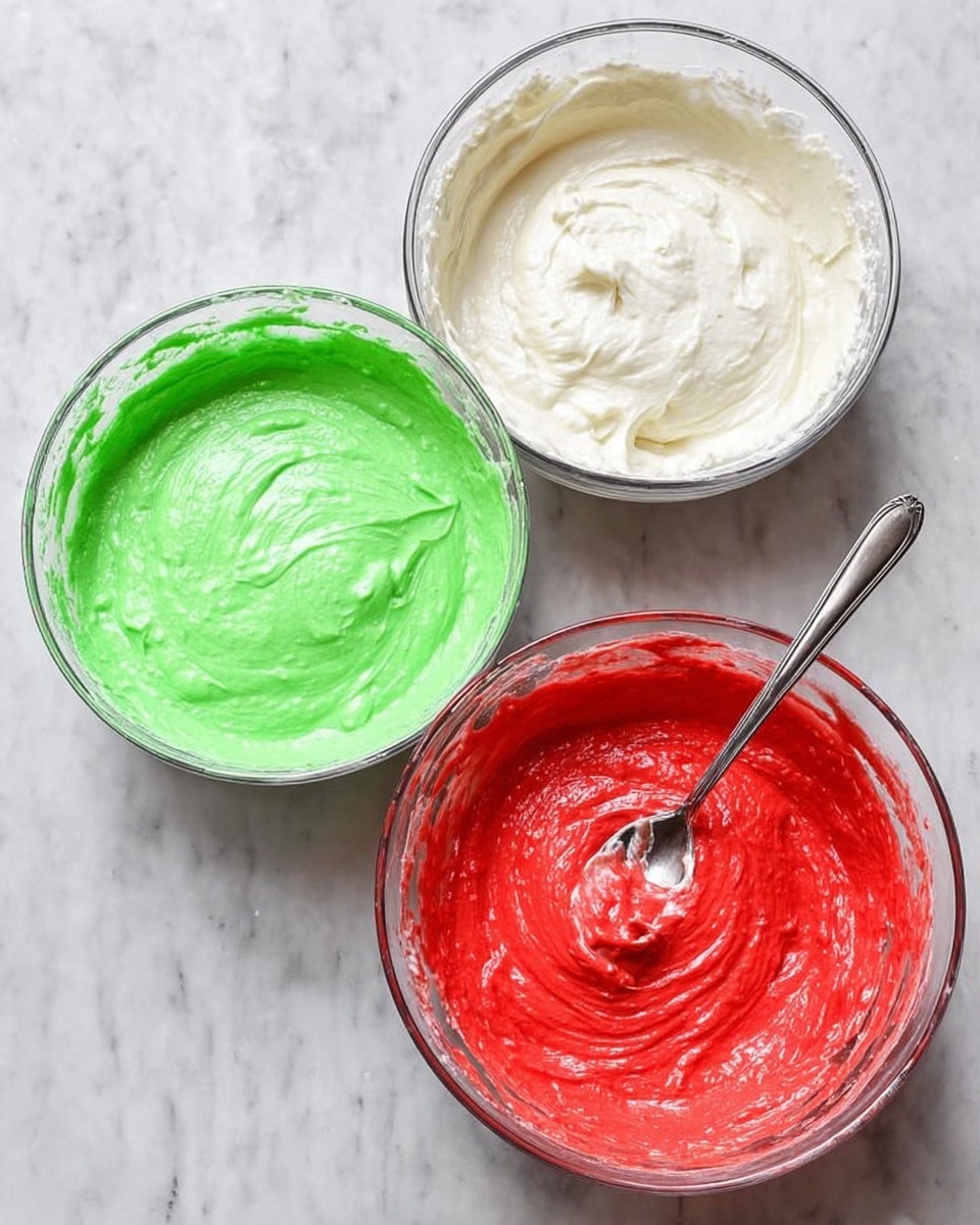 Three clear glass bowls with thick, smooth batter are placed on a white marbled surface. The bowl at the top contains pure white batter with a creamy texture. Below, on the left, a bowl holds bright green batter, creamy and thick, with a spoon standing inside it. To the right, a bowl is filled with vivid red batter with a spoon resting in it as well. The batter in all bowls looks soft and mixed evenly. photo taken with an iphone --ar 4:5 --v 7