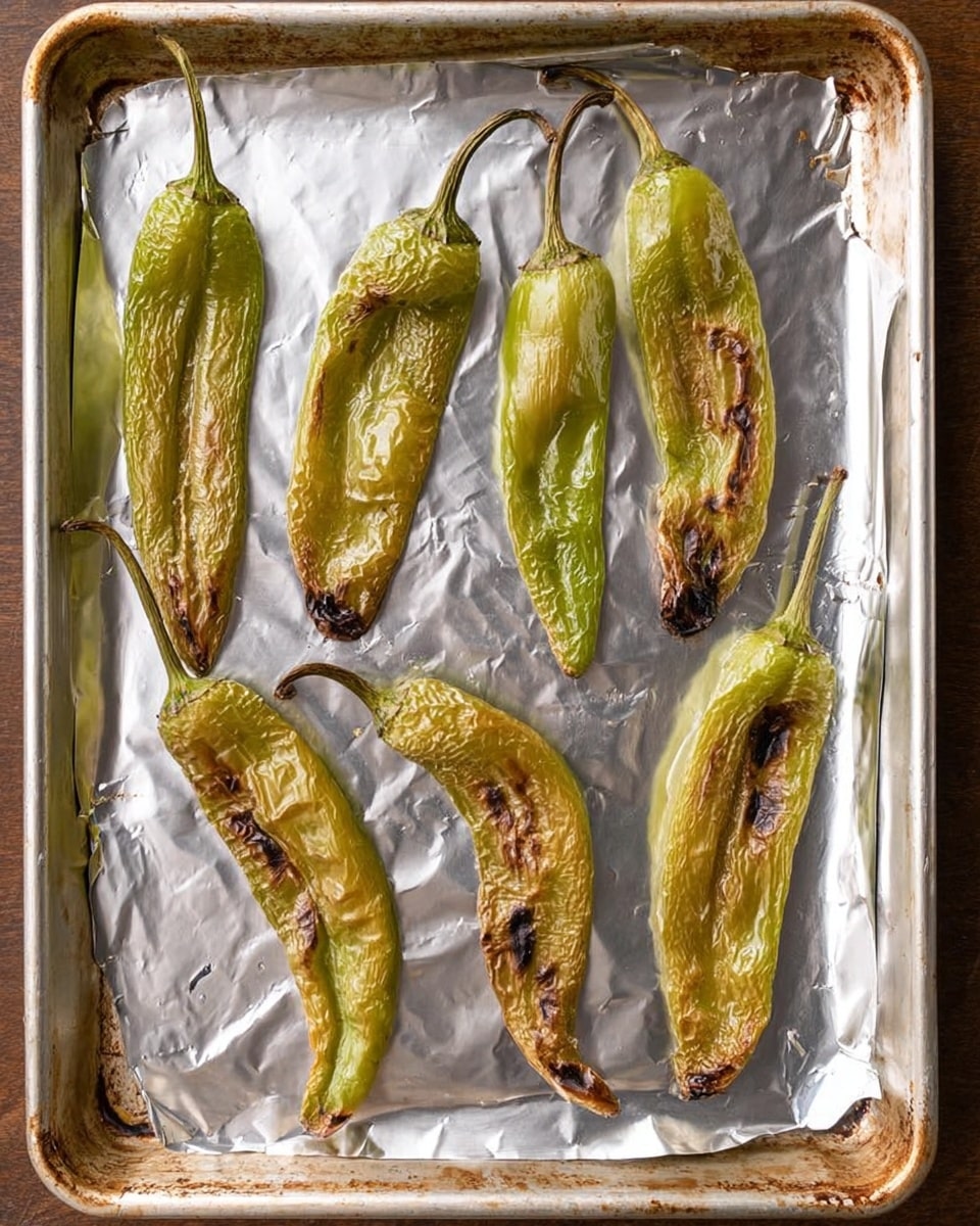 The image shows six roasted green chili peppers placed on a baking tray lined with aluminum foil. The peppers are long and curved, showing a mix of light green and golden brown colors with some charred spots, indicating they were roasted. Their skin looks wrinkled and soft. The baking tray has a slightly worn metal edge visible around the foil. The overall setting is simple, with the focus on the peppers and the shiny texture of the foil beneath them. Photo taken with an iphone --ar 4:5 --v 7