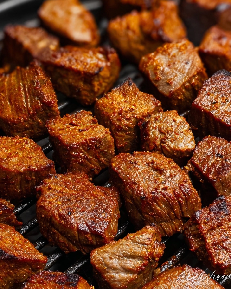 The image shows many pieces of cooked meat arranged closely together on a black grill tray. Each piece is thick and has a rich brown color with a slightly shiny, textured surface that looks spicy and well-seasoned. The shapes vary but are mostly square or rectangular, with some pieces showing clear grill marks. The background is not visible clearly as the grill tray fills the frame. The lighting highlights the moist and crispy look of the cooked meat. photo taken with an iphone --ar 4:5 --v 7
