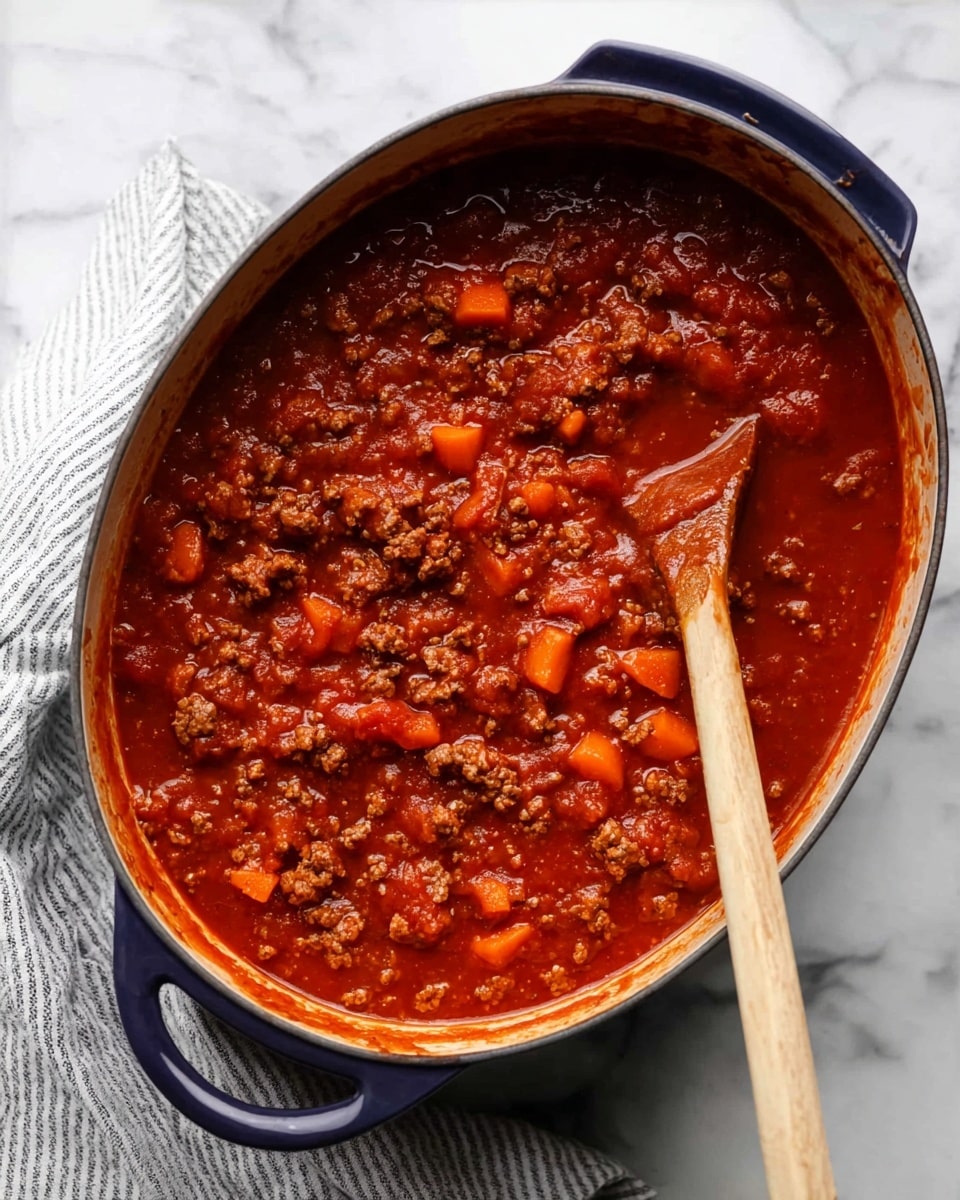 A dark blue oval pot filled with chunky tomato sauce, with pieces of ground meat and diced carrots visible throughout the sauce. The sauce has a rich red color and thick texture, with some small tomato chunks and beans mixed in. A wooden spoon is resting inside the pot on the right side, slightly stained from the sauce. The pot is placed on a white marbled surface with a light gray and white striped cloth underneath the lower left corner of the pot. Photo taken with an iphone --ar 4:5 --v 7