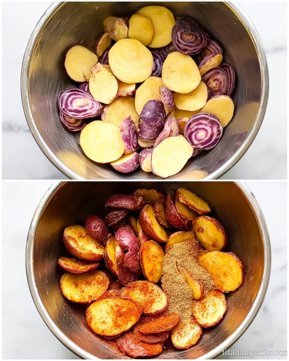 A metal bowl with two layers of potato slices and seasoning is shown in two pictures. In the first layer, there are raw potato slices of different colors: pale yellow, creamy yellow, and purple with white streaks. Some slices are flat and thin, others are thicker with a smooth skin texture. The potatoes sit above a sprinkle of brown seasoning at the bottom of the bowl. In the second picture, the same potato slices have turned golden yellow, orange, and deep red from cooking. Their texture looks soft and slightly glossy, coated evenly with spices and oil. The bowl rests on a white marbled surface. photo taken with an iphone --ar 4:5 --v 7
