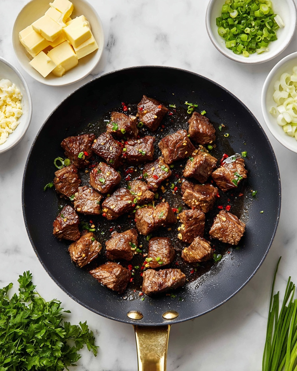 A black pan with a gold handle holds about twenty small pieces of browned cooked meat with a slightly crispy texture and some red chili flakes on top, all sitting against a white marbled surface. Around the pan, there are four small white bowls: one with yellow butter cubes on the top left, one with white minced garlic below it, one with chopped green herbs on the top right, and one with sliced green onions on the bottom left. Some green parsley leaves are scattered on the marbled surface near the bowls. photo taken with an iphone --ar 4:5 --v 7