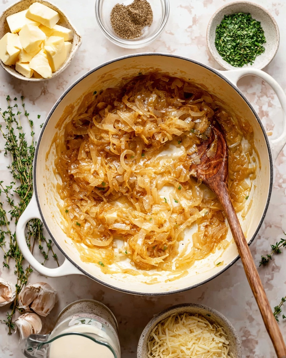 The image shows a white pot with two handles filled with caramelized onions, golden and soft with a slightly glossy texture, being stirred by a wooden spoon resting inside the pot. Around the pot on a white marbled surface are small white bowls holding butter cubes, finely chopped green herbs, black pepper, and shredded cheese. A glass measuring cup with milk is also visible, along with a few sprigs of fresh green herbs scattered nearby. The scene is warm and inviting, with a mix of creamy yellow, light brown, white, and greens creating a cozy cooking atmosphere photo taken with an iphone --ar 4:5 --v 7