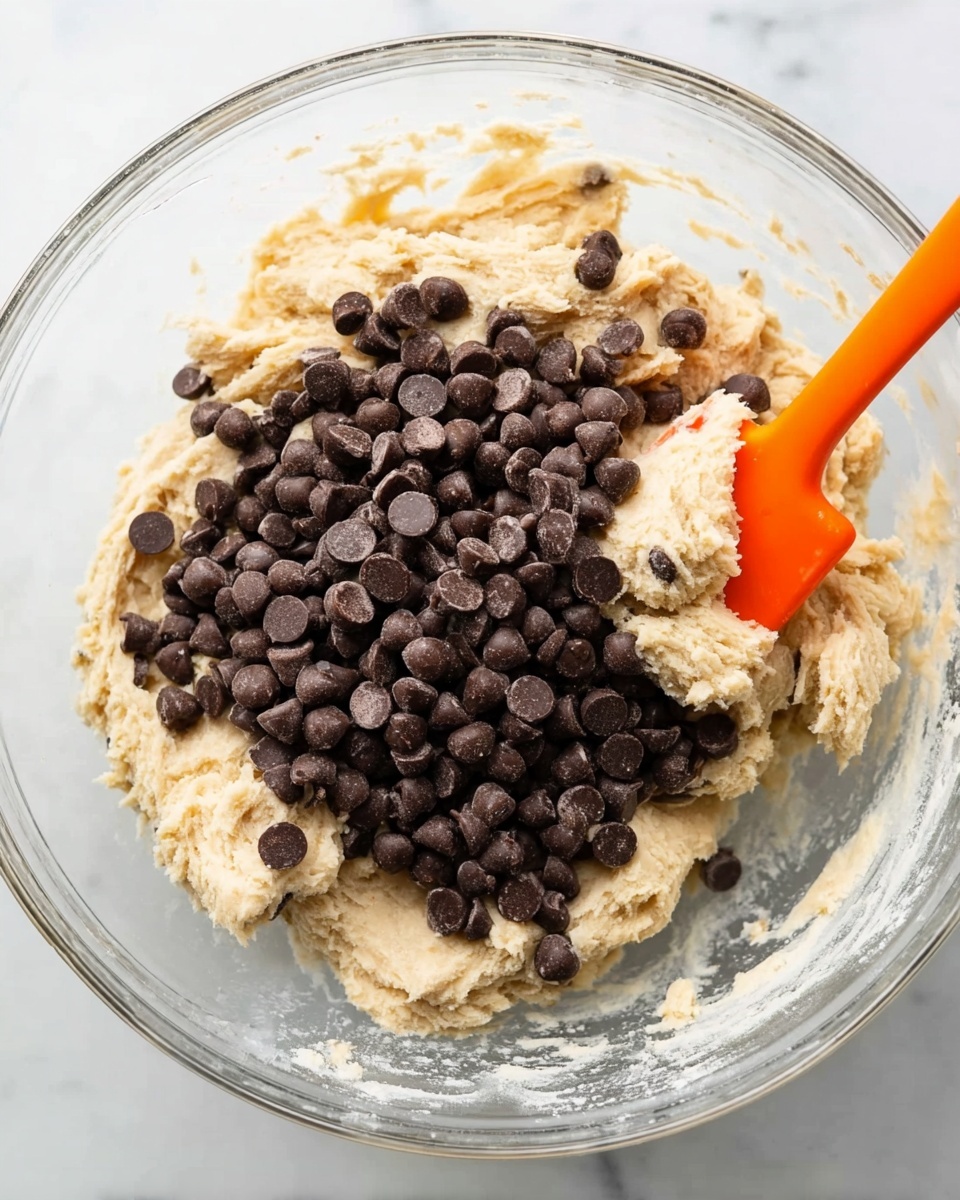 A clear glass bowl holds a thick, pale beige dough mixture that looks soft and slightly sticky, filling most of the bowl. On top of the dough, there is a large pile of small, dark brown chocolate chips, rounded and glossy. An orange spatula with a smooth texture is partially buried in the dough on the right side, its tip covered with some of the dough. The bowl sits on a white marbled surface, clean except for a little dough residue around the rim. photo taken with an iphone --ar 4:5 --v 7