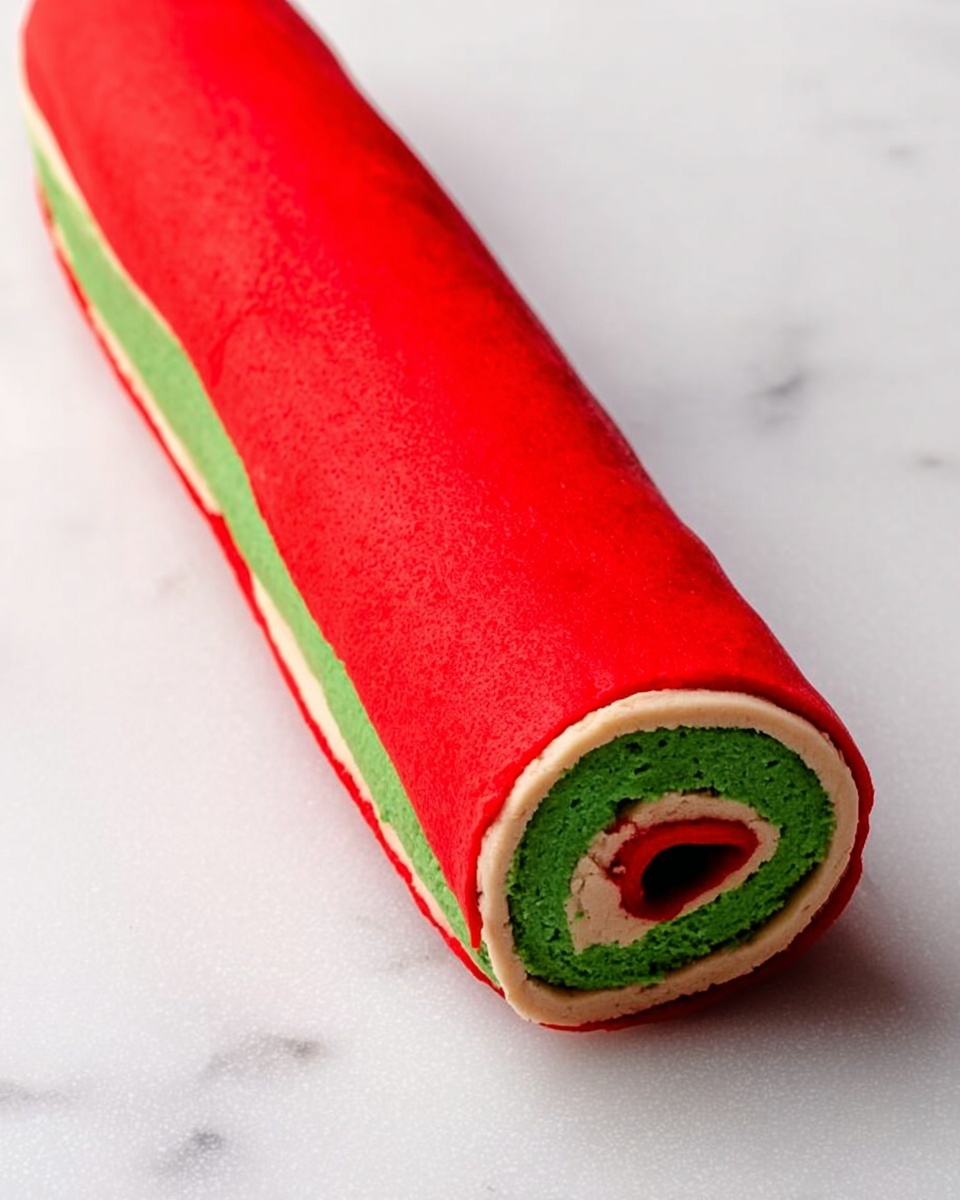 The image shows a long, rolled pastry with three visible layers, resting on a white marbled surface. The outer layer is bright red and smooth, wrapping tightly around a middle thin beige layer that serves as a border. Inside, the innermost layer is a vibrant green, coiled neatly in a spiral at the end facing the viewer. The roll is cylindrical, with clean and smooth edges, and the colors are bold and evenly spread. Photo taken with an iphone --ar 4:5 --v 7
