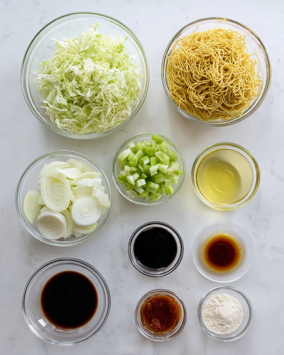 The image shows various clear glass bowls arranged neatly on a white marbled surface. Starting from the top left, there is a bowl filled with shredded light green cabbage, below it a bowl with yellow dried noodles, and next to that another bowl containing chopped green celery. In the center, there are sliced white onions in a bowl. To the right, in a vertical line, small bowls hold different sauces and liquids: from top to bottom, a pale yellow oil, a dark reddish-brown sauce, a slightly yellow liquid, a dark black sauce, a darker brown sauce, a small bowl of white powder, and finally a small bowl with minced garlic. The clear bowls and bright ingredients stand out over the white marbled background, all well organized and evenly spaced, photo taken with an iphone --ar 4:5 --v 7