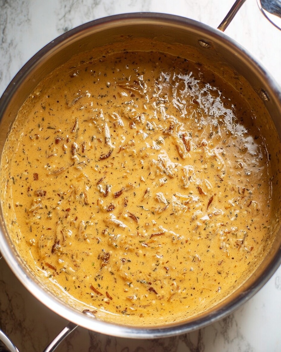 A top view of a stainless steel pot filled with thick, creamy sauce with small bits of herbs and caramelized onion pieces throughout. The sauce is light golden brown with a slightly shiny, smooth texture that shows small streaks and swirls from stirring. The pot has two handles on each side and sits on a wooden surface. The background shows part of the wooden surface around the pot. Photo taken with an iphone --ar 4:5 --v 7