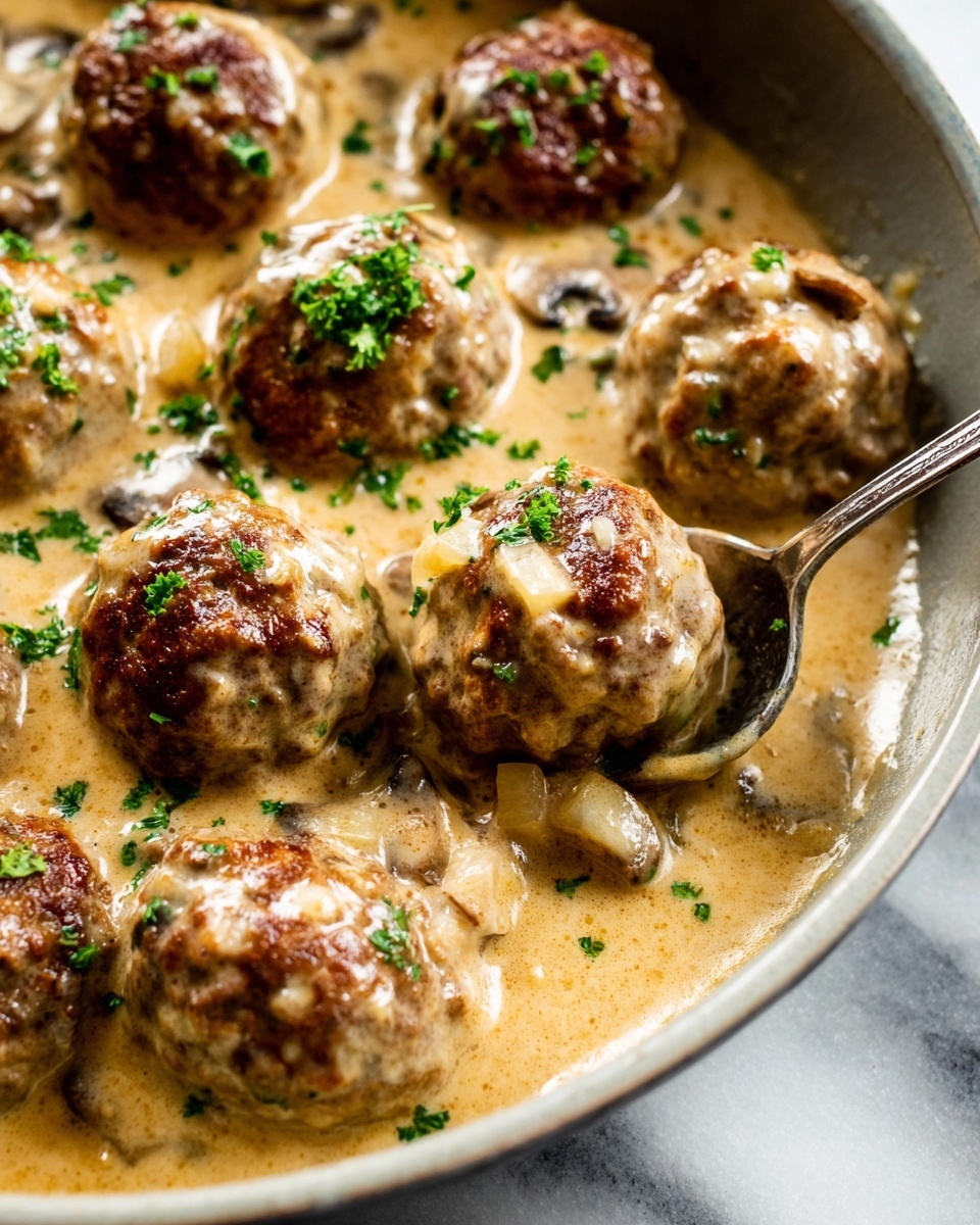 The image shows a close-up view of a dish with several browned meatballs, each round and textured with small crispy edges. They are nestled in a creamy, light tan sauce with visible soft pieces of onion and small green parsley flakes scattered on top. The sauce looks thick and smooth, coating the meatballs evenly. A silver spoon lies partially under one meatball, holding a bit of sauce and showing a few small mushroom slices. The dish is placed on a white marbled surface. photo taken with an iphone --ar 4:5 --v 7
