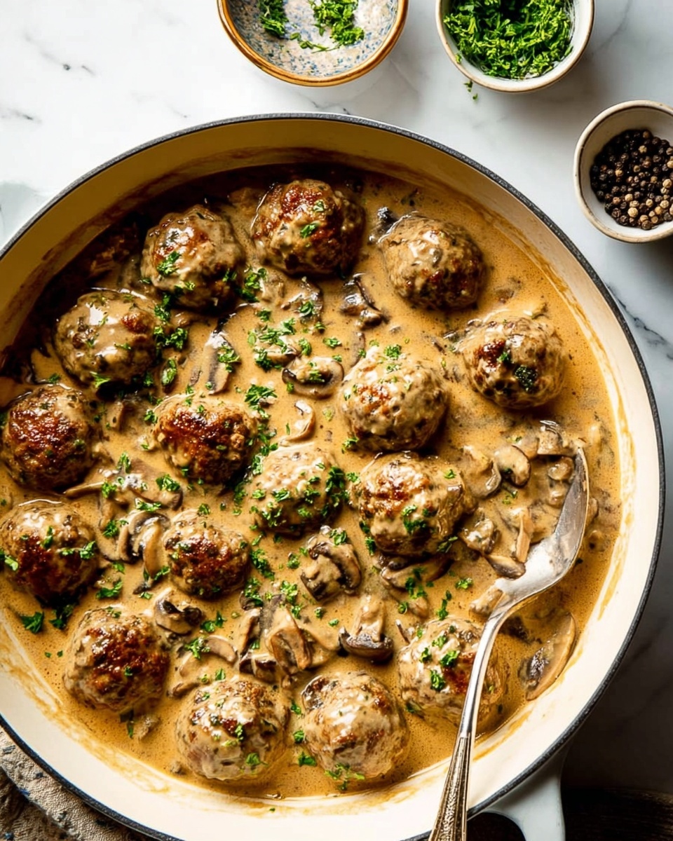 A white bowl filled with wide, flat egg noodles forming the bottom layer, their pale yellow color soft and ruffled. On top, there is a thick layer of creamy mushroom sauce with well-cooked, sliced brown mushrooms scattered throughout. The sauce is light tan with specks of black pepper and fresh green parsley sprinkled on top, adding color contrast. A silver fork rests inside the bowl, and the whole scene is set on a white marbled surface. The lighting highlights the creamy texture of the sauce and the softness of the noodles, creating a warm and comforting look. photo taken with an iphone --ar 4:5 --v 7