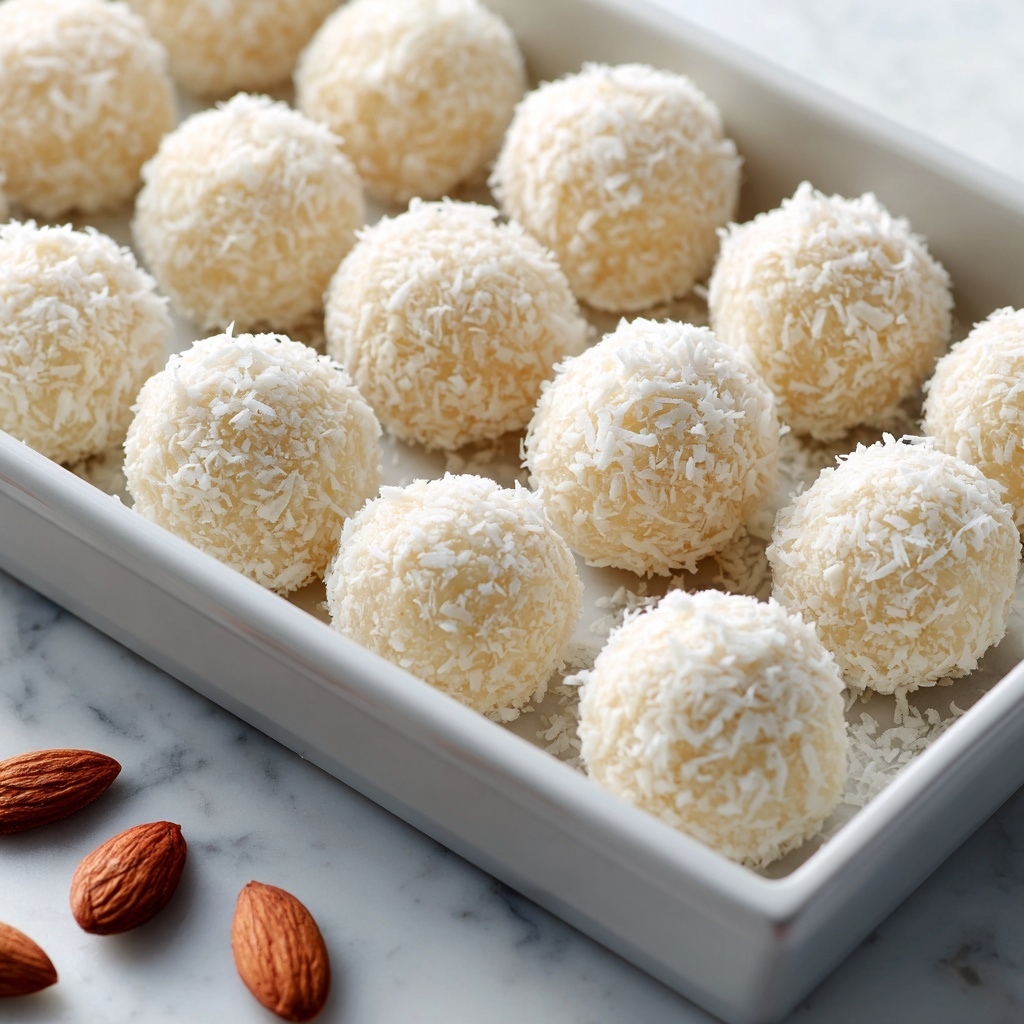 The image shows a white baking tray filled with three rows of round, white coconut balls. Each ball is textured with shredded coconut on the outside, giving a rough and fluffy look, while each one has a single whole brown almond placed on top in the center. The tray is resting on a surface with a white marbled texture, and a few loose almonds are scattered around the bottom edge of the tray. The light shines from the top left, making the coconut look soft and fresh. Photo taken with an iphone --ar 4:5 --v 7