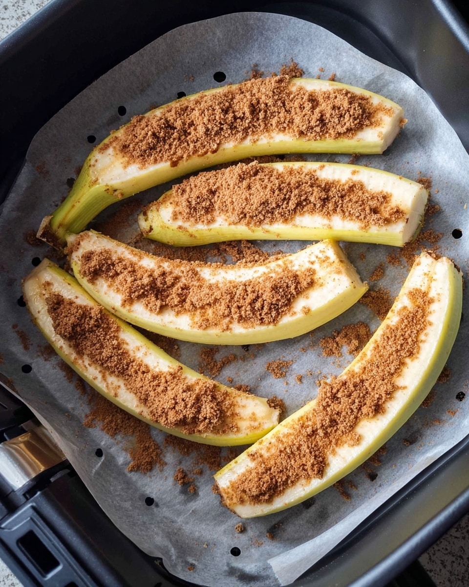 The image shows four banana halves placed on a round tray with holes, lined with grey parchment paper. Each banana half is sliced lengthwise, showing the soft light yellow inside. On top of each banana half, there is a layer of brown crumbled powder sprinkled unevenly along the length. The bananas still have their greenish-yellow peel on the outside. The tray is inside a black air fryer or oven basket, with the sides visible. The background around the tray is not seen. photo taken with an iphone --ar 4:5 --v 7