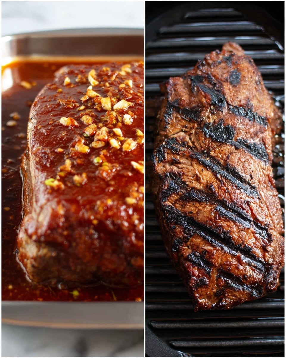 The image shows two close-up views of a large piece of meat. On the left side, the meat is on a shiny metal tray over a white marbled texture, covered with a thick, dark reddish brown sauce mixed with small bits of garlic on top. The surface of the sauce looks shiny and wet. On the right side, the meat is grilled and placed on a black grill pan over a white marbled texture, showing dark char marks that create black stripes across the surface with some areas darker and crispier. The grilled meat looks rich brown with a slightly rough texture. photo taken with an iphone --ar 4:5 --v 7