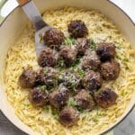 French Onion Meatballs with Cheesy Orzo Recipe