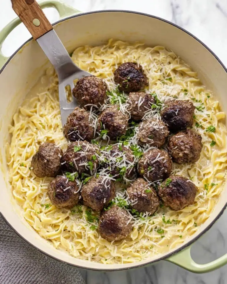 French Onion Meatballs with Cheesy Orzo Recipe