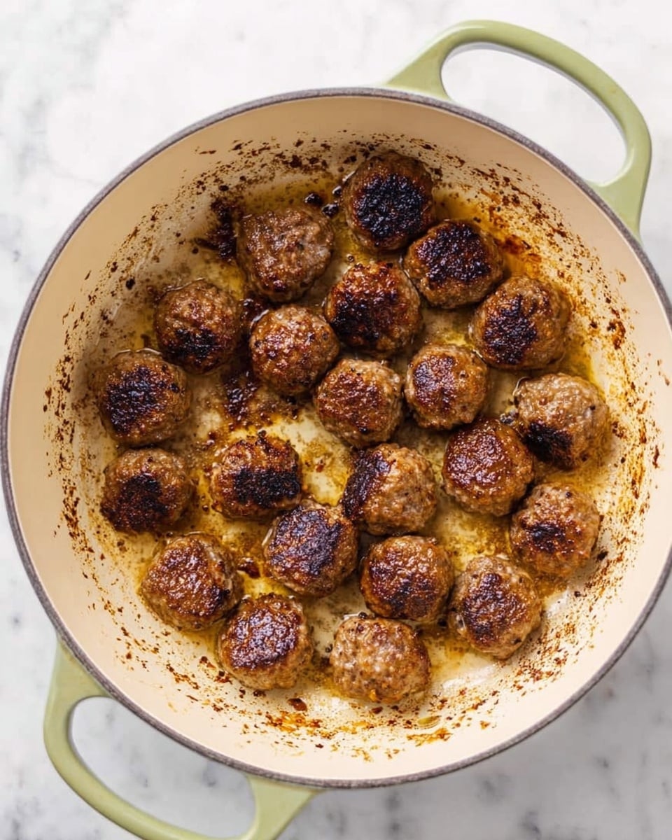 The image shows a round white pot with two light green handles on each side, sitting on a white marbled surface. Inside the pot, there are about twenty browned meatballs spread evenly across the base, with a golden brown crust and some darker seared spots. The bottom of the pot has browned bits and some oil residue, giving a textured look to the pale interior. The meatballs have a slightly rough texture, indicating a well-cooked surface. photo taken with an iphone --ar 4:5 --v 7